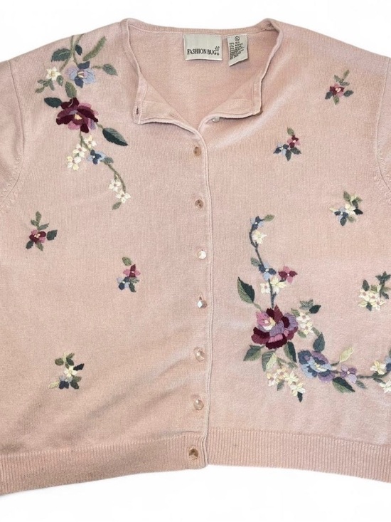 Vintage Sweaters - VTG 90s light pink silk embroidered floral button up cardigan Cottage Coquette